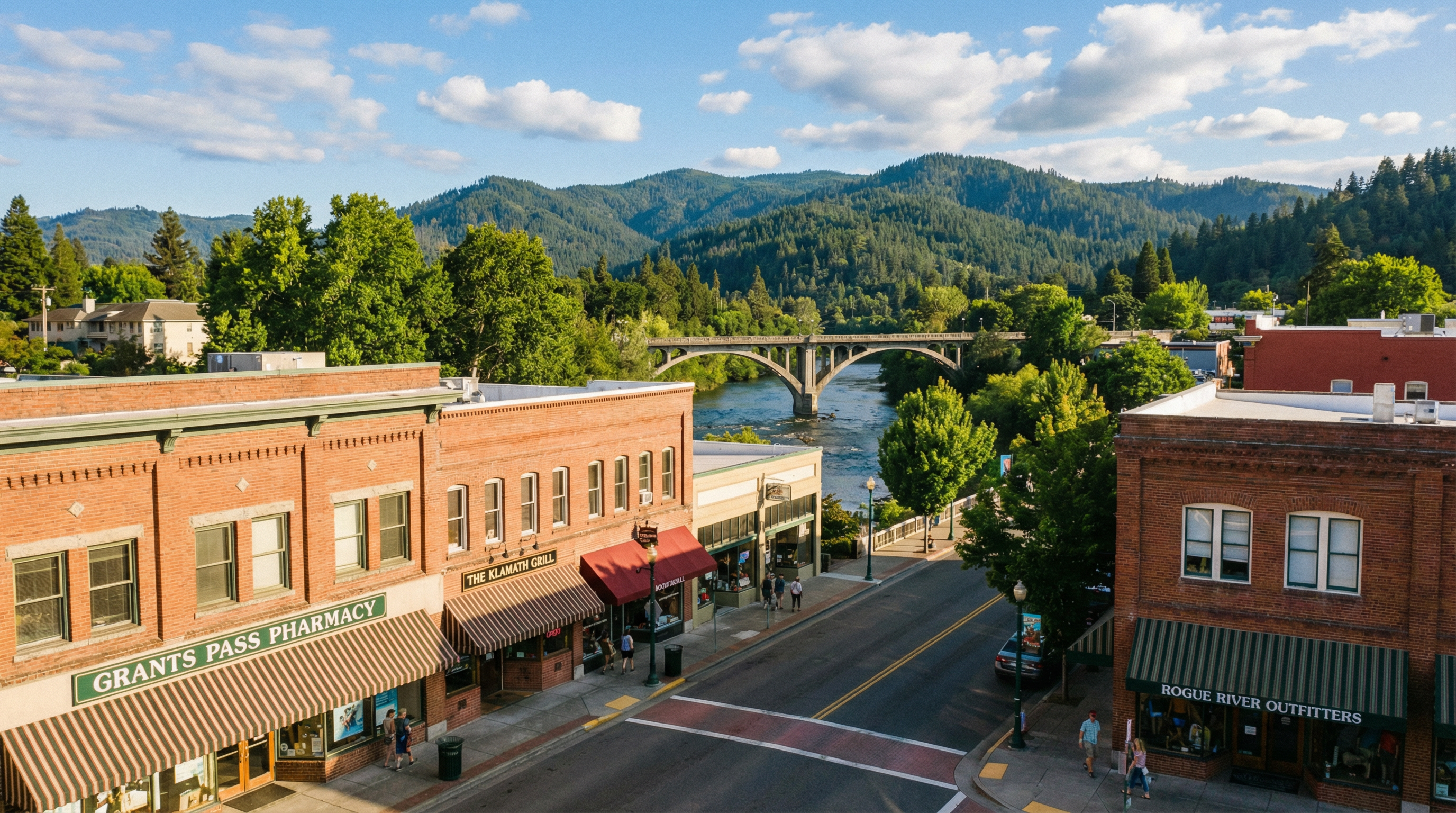 Downtown Grants Pass, Oregon with the Rogue River and mountains in the background